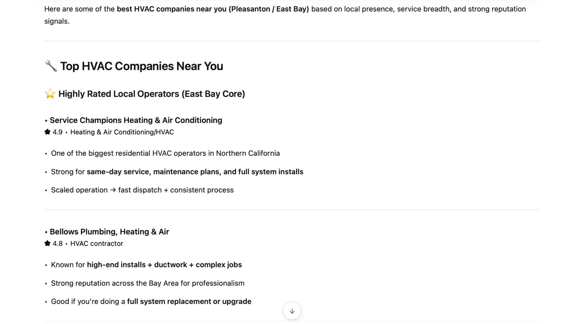 ChatGPT search showing HVAC results for who are the best HVAC companies near me.