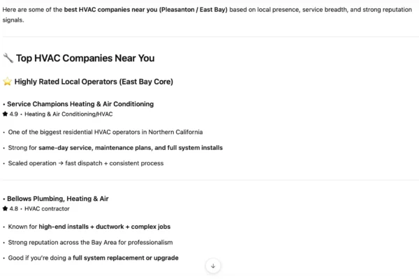 ChatGPT search showing HVAC results for who are the best HVAC companies near me.
