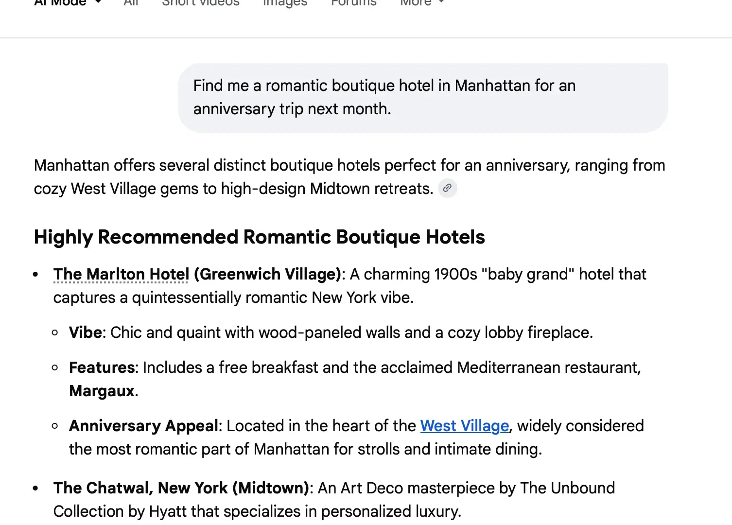 Screenshot of an AI search result for romantic Manhattan hotels, showing a synthesized answer with citations from social media and blogs, illustrating the fragmentation of hotel data in 2026.