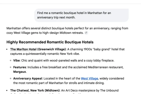 Screenshot of an AI search result for romantic Manhattan hotels, showing a synthesized answer with citations from social media and blogs, illustrating the fragmentation of hotel data in 2026.