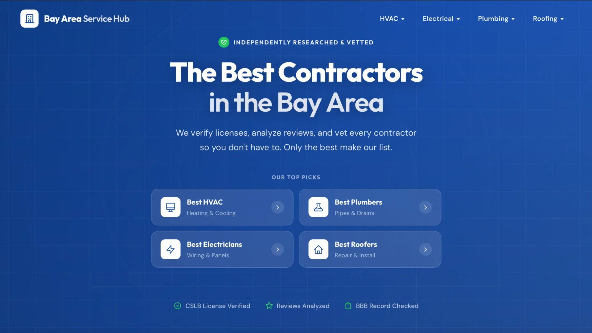 Homepage of Bay Area Service Hub, a directory optimized with structured data to rank in AI search results.