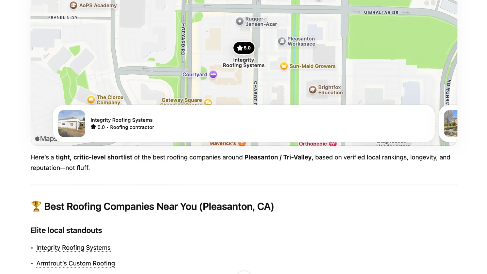 Screenshot of an AI search result listing elite roofing companies in Pleasanton California including Integrity Roofing Systems and Armtrout’s Custom Roofing.