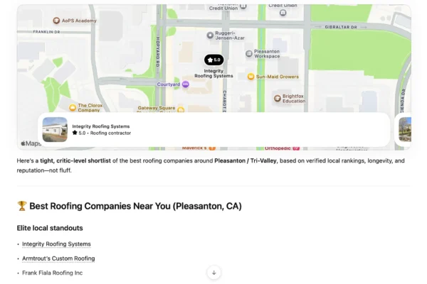 Screenshot of an AI search result listing elite roofing companies in Pleasanton California including Integrity Roofing Systems and Armtrout’s Custom Roofing.